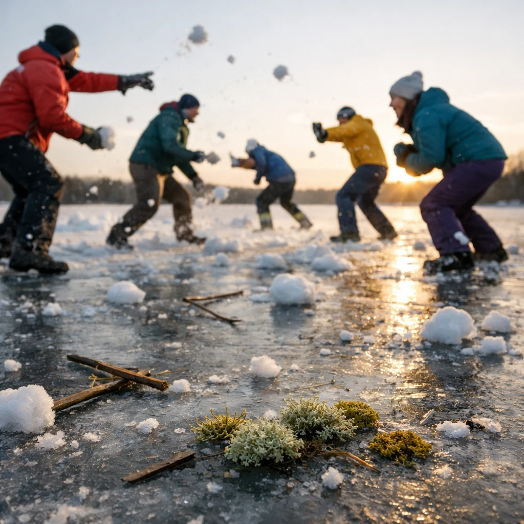 凍った湖の上でカラフルな防寒着を着た人々が雪合戦に熱中し、氷上には押しつぶされた雪玉と棒きれ、手前には小さな地衣類が写っている。
