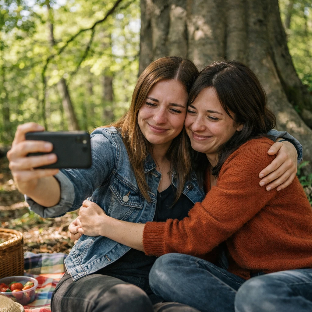 ブナの木の下で色とりどりのピクニックシートに座り、スマートフォンで別れの瞬間を記録する涙ぐんだ二人の女性。