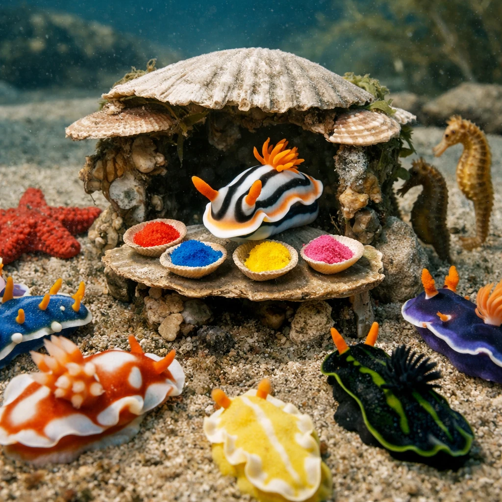 色鮮やかなウミウシたちが、海底の天然素材でできた小さな屋台に集まり、海藻や貝殻に囲まれている様子。