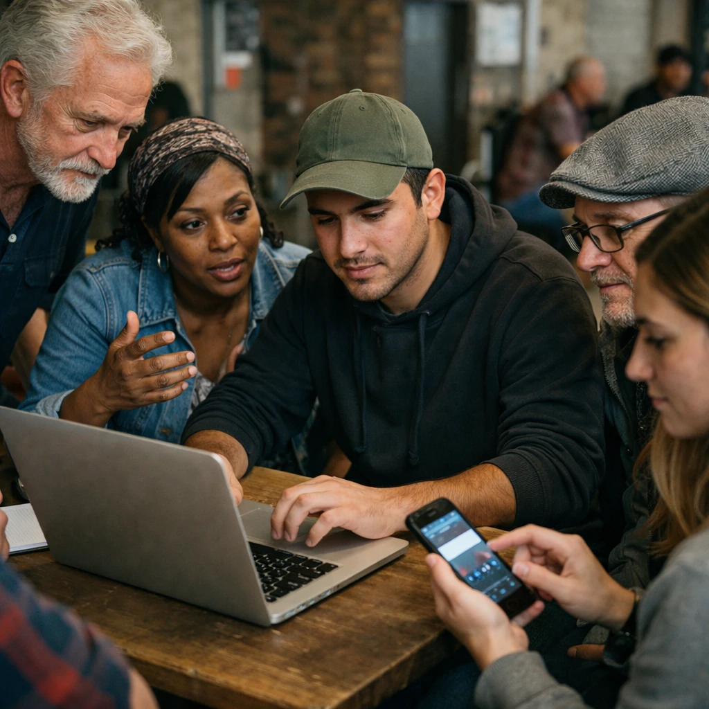 市民がラップトップやスマートフォンを囲んでオンライン投票に参加している様子の写真。