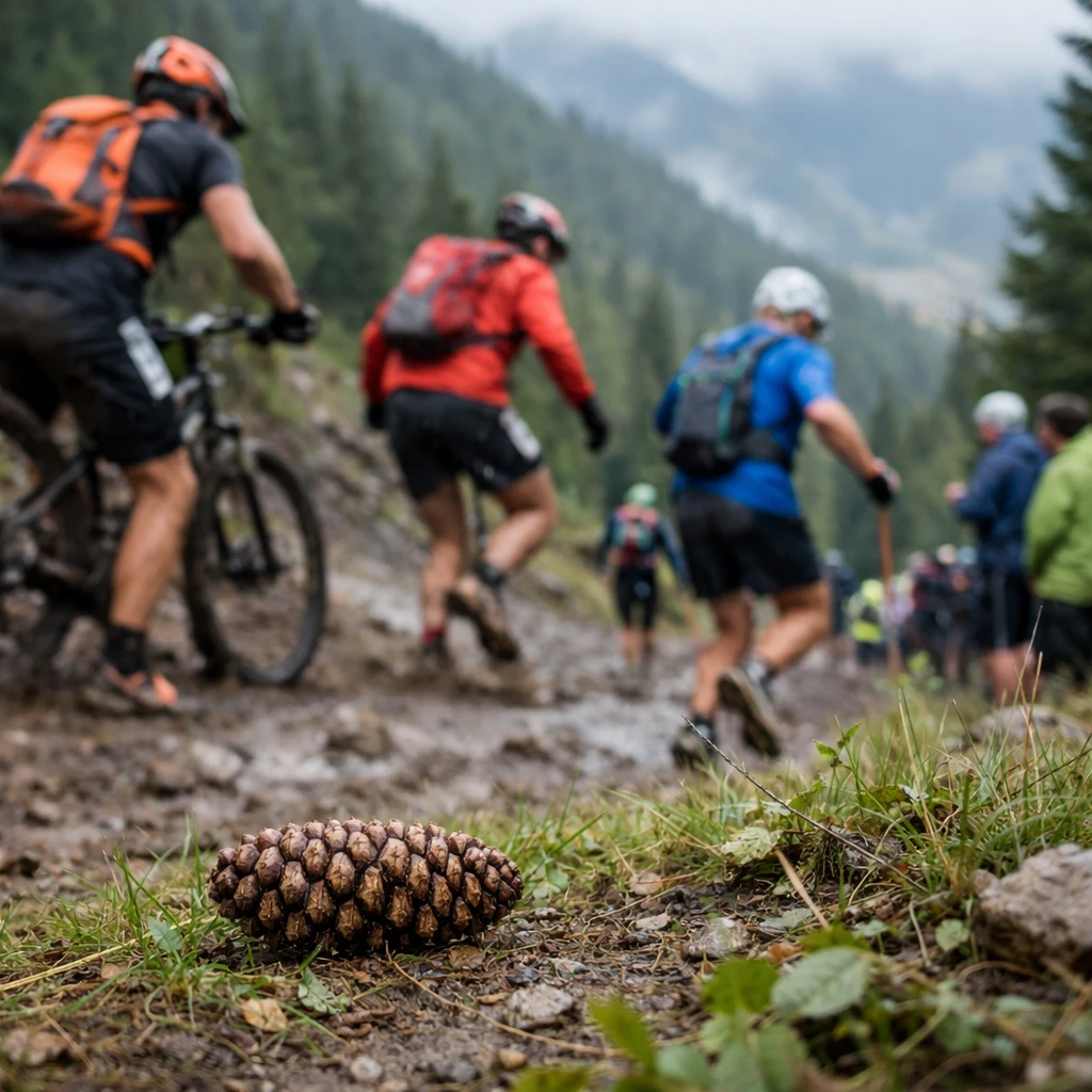 斜面の草地に松ぼっくりが転がり、背景でカラフルなウェアの選手たちがトレイルランをする様子の写真。