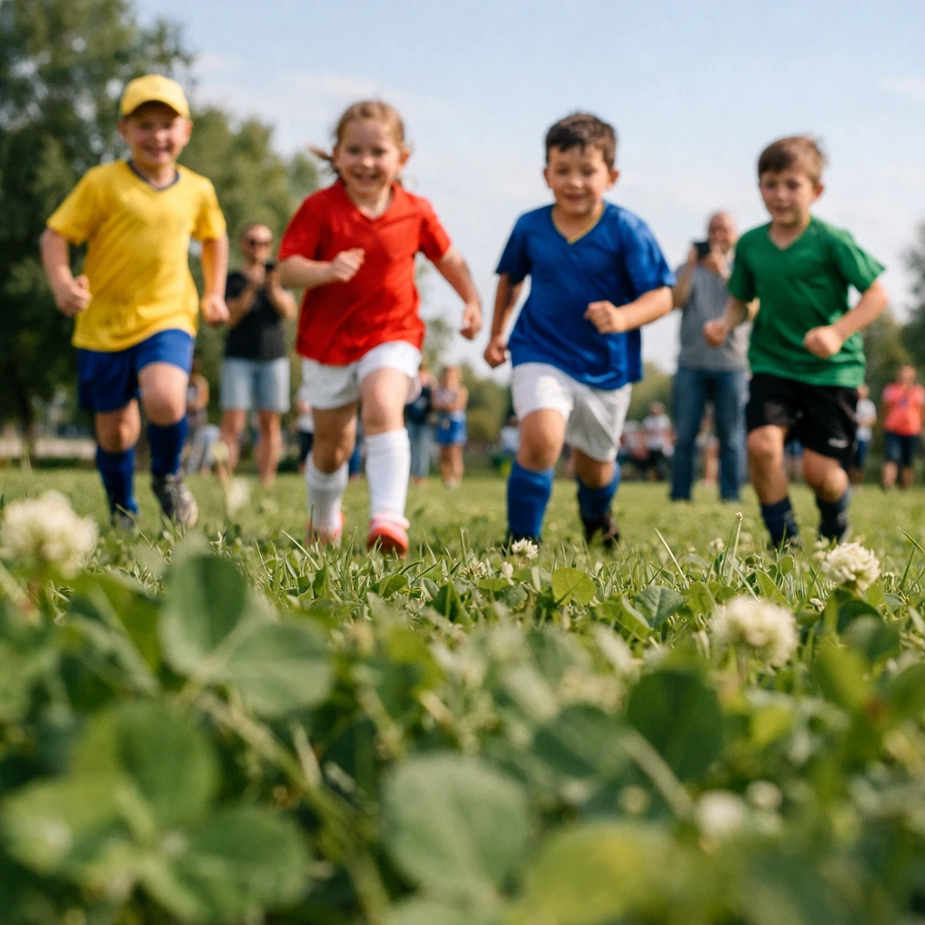 クローバー越しの地表すれすれの視点から、カラフルなユニフォームを着た子どもたちが運動場で遊ぶ様子と、奥に見守る保護者が写っている写真。