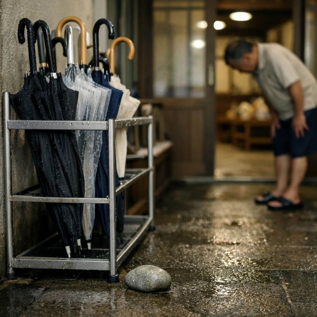 銭湯の入口で傘立てに傘が並び、足元には小石が置かれ、奥で人が静かにお辞儀している様子。
