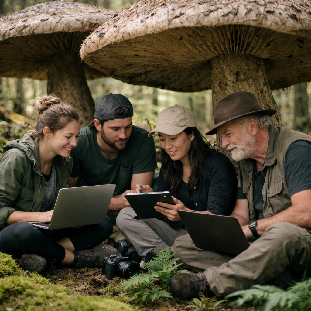 森の中で大きなキノコの下に集まり、ノートパソコンやタブレットで仕事をしている少人数の人々の写真。