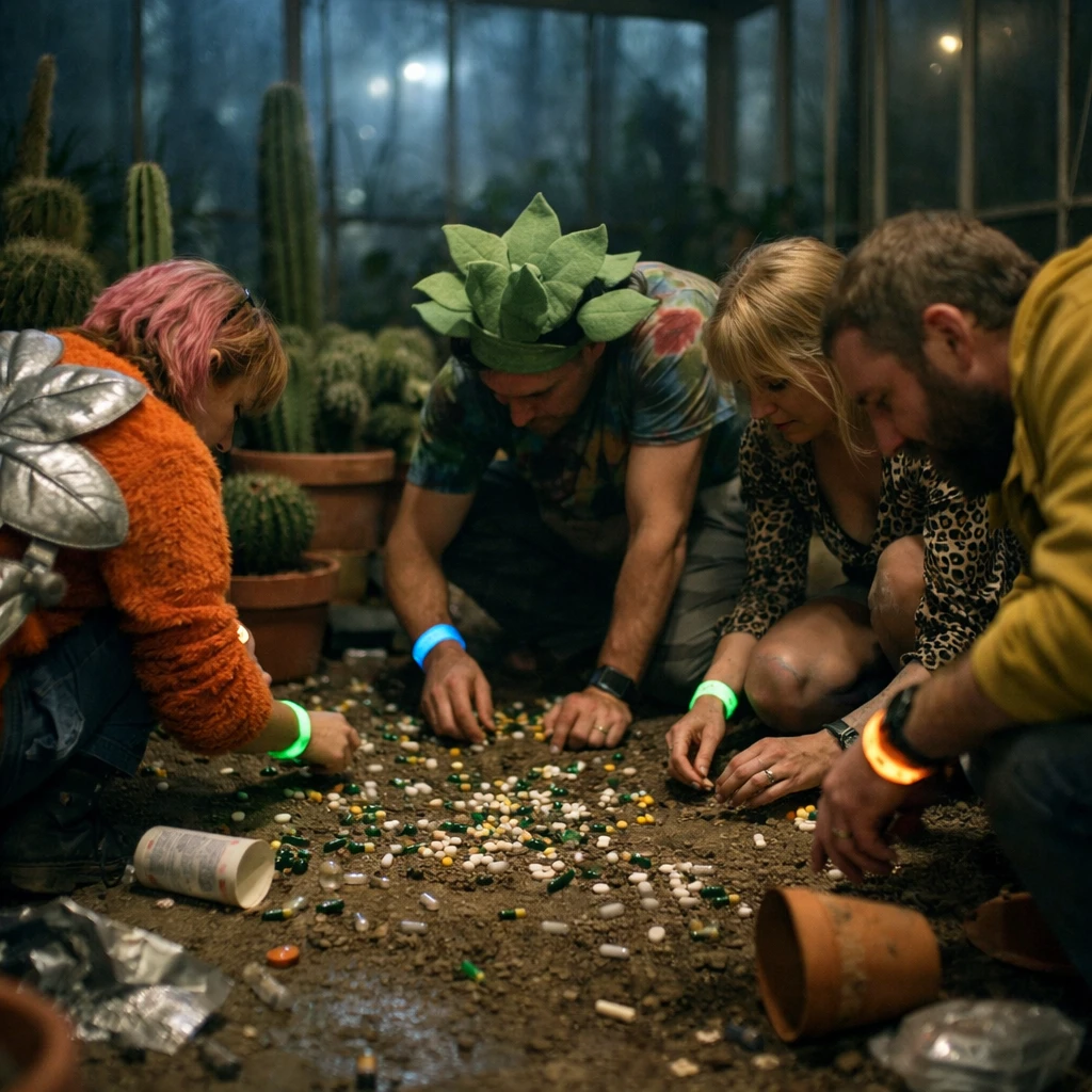 温室内でカラフルな服を着た人々がサプリメントを床にこぼしてひざまずきながら拾い集め、そばにサボテンや多肉植物が並ぶ夜の様子。