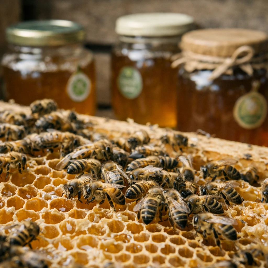 巣箱の中で働くミツバチたちと背景にオーガニック認証バッジ付きの蜜壺が見える写真。