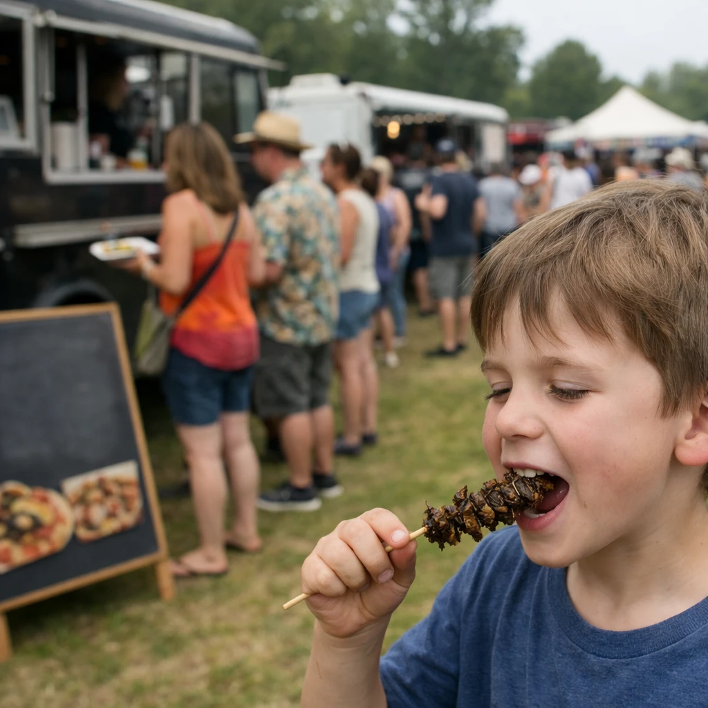 草原の特設会場で、キッチンカー前に並ぶ人々と昆虫食ピザや揚げバッタを頬張る子どもが写る屋外フードフェスの様子。