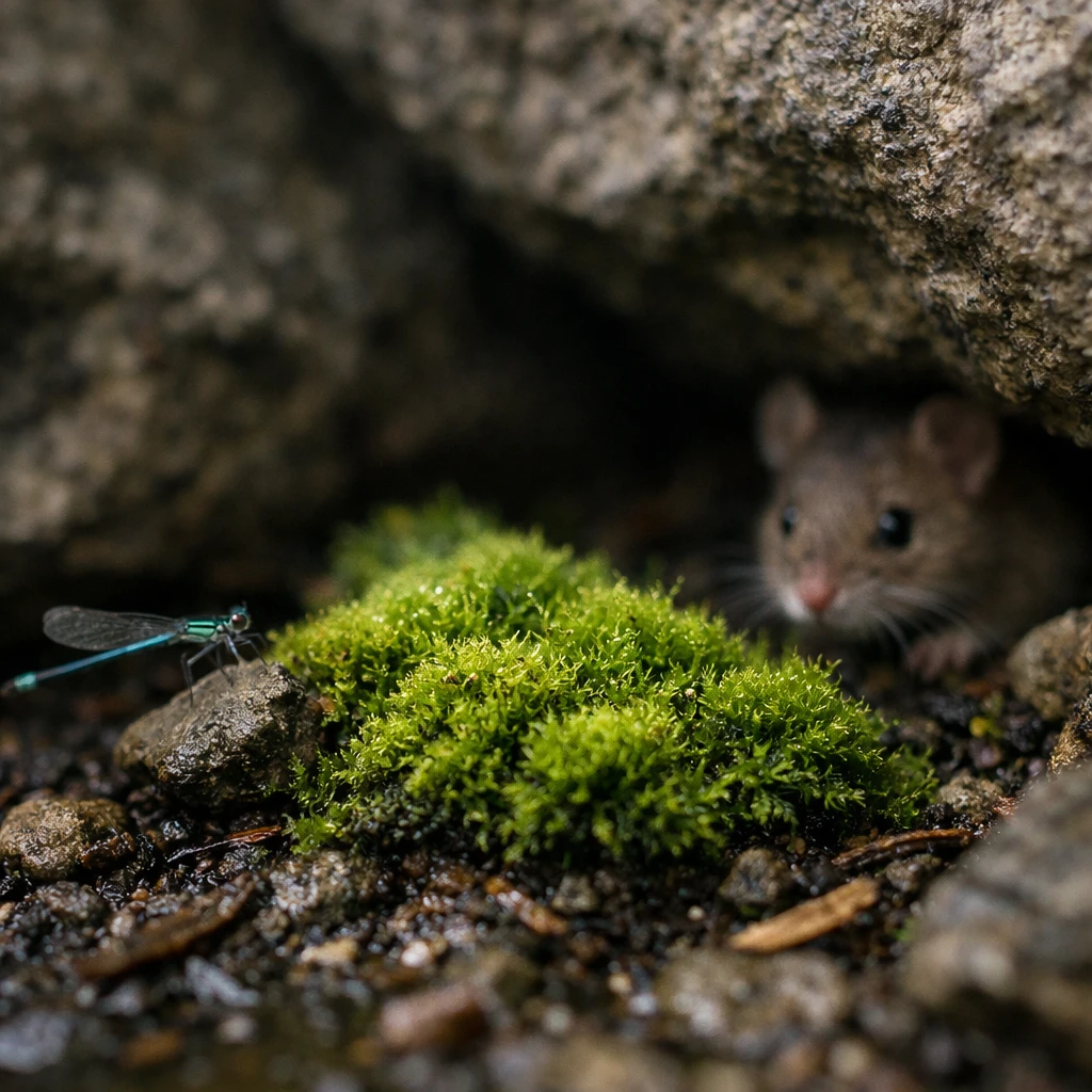 岩陰の湿った場所に生える鮮やかなコツボゴケと、近くに止まるイトトンボ、奥に顔をのぞかせる野ネズミの小さな生態系の様子。