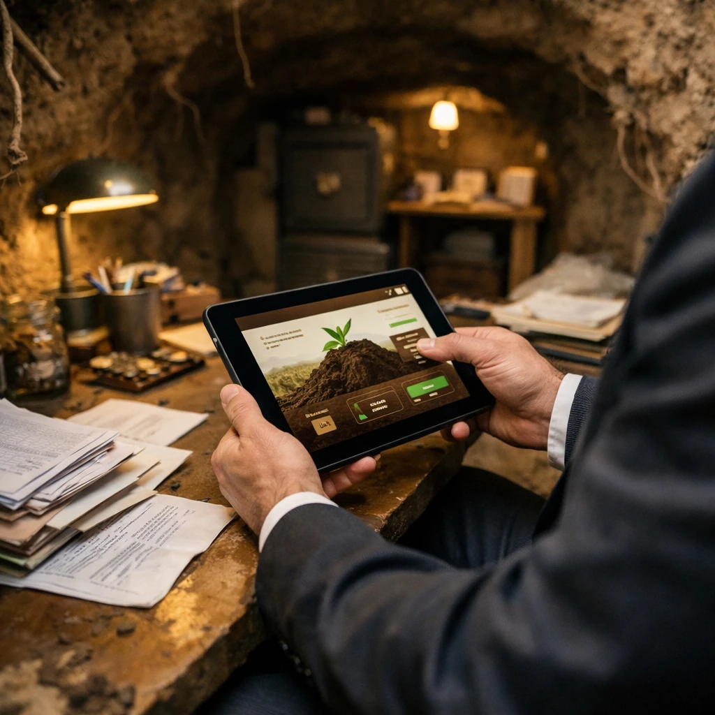 土の壁に囲まれた地下のオフィスで、スーツ姿の人物がタブレットで土をテーマにしたデジタル通帳アプリを操作している様子。