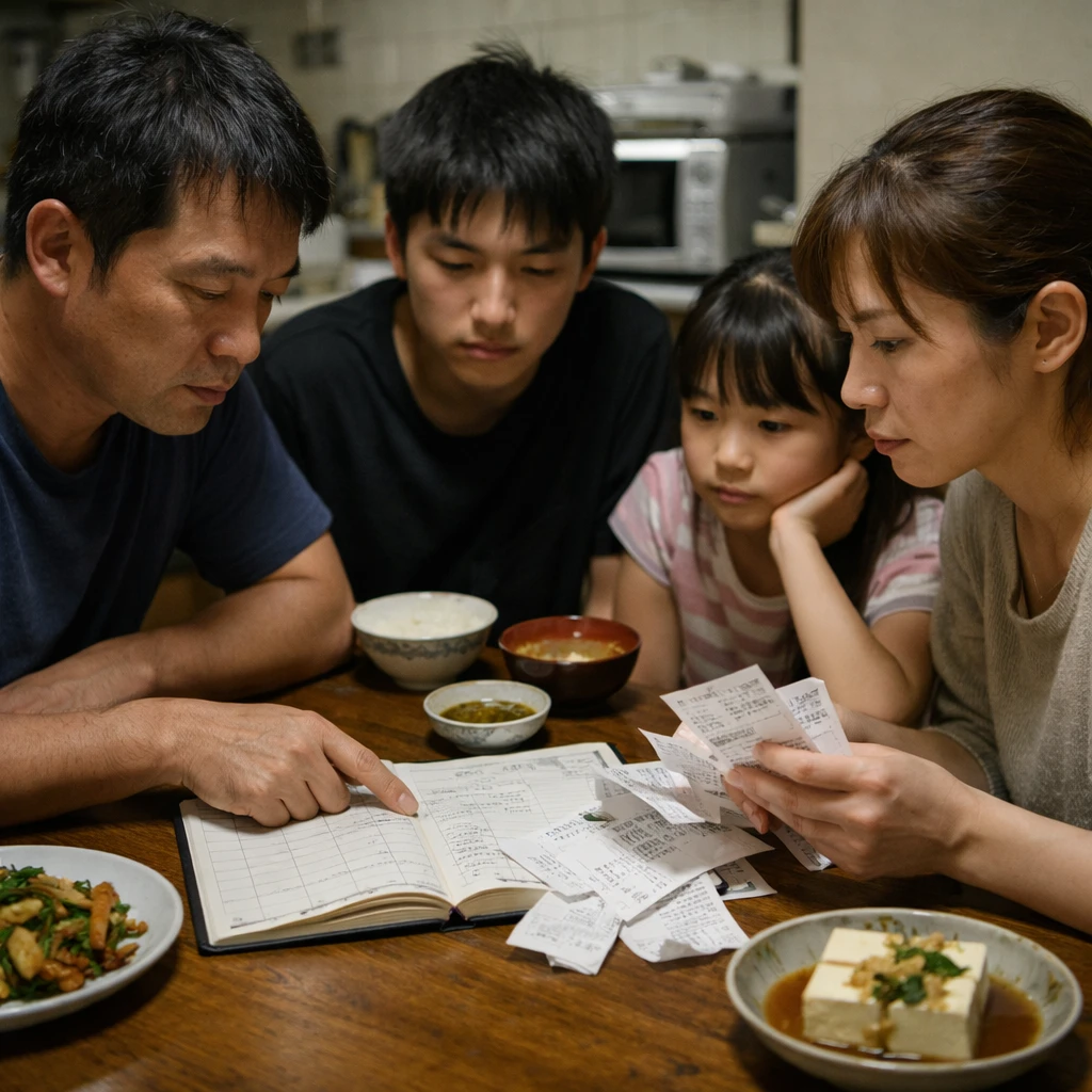 日本の家庭のダイニングテーブルで家計簿やレシートを広げて家族が話し合う様子。