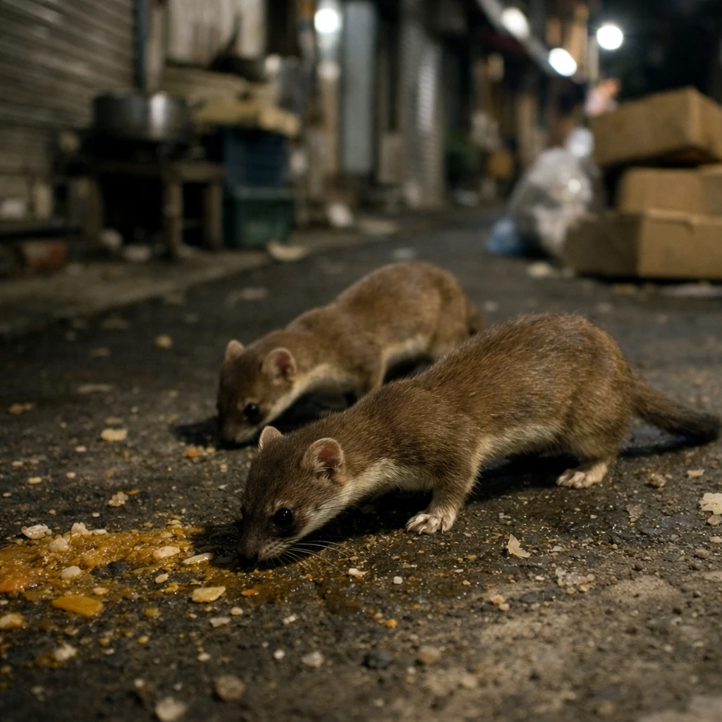 夜の商店街裏手で、イタチがスパイスの匂いを嗅いでいる様子の写真。