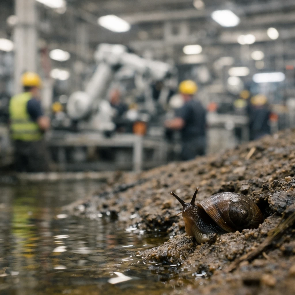川辺の泥から顔を出すタニシが奥の工場を眺めている実写風写真。