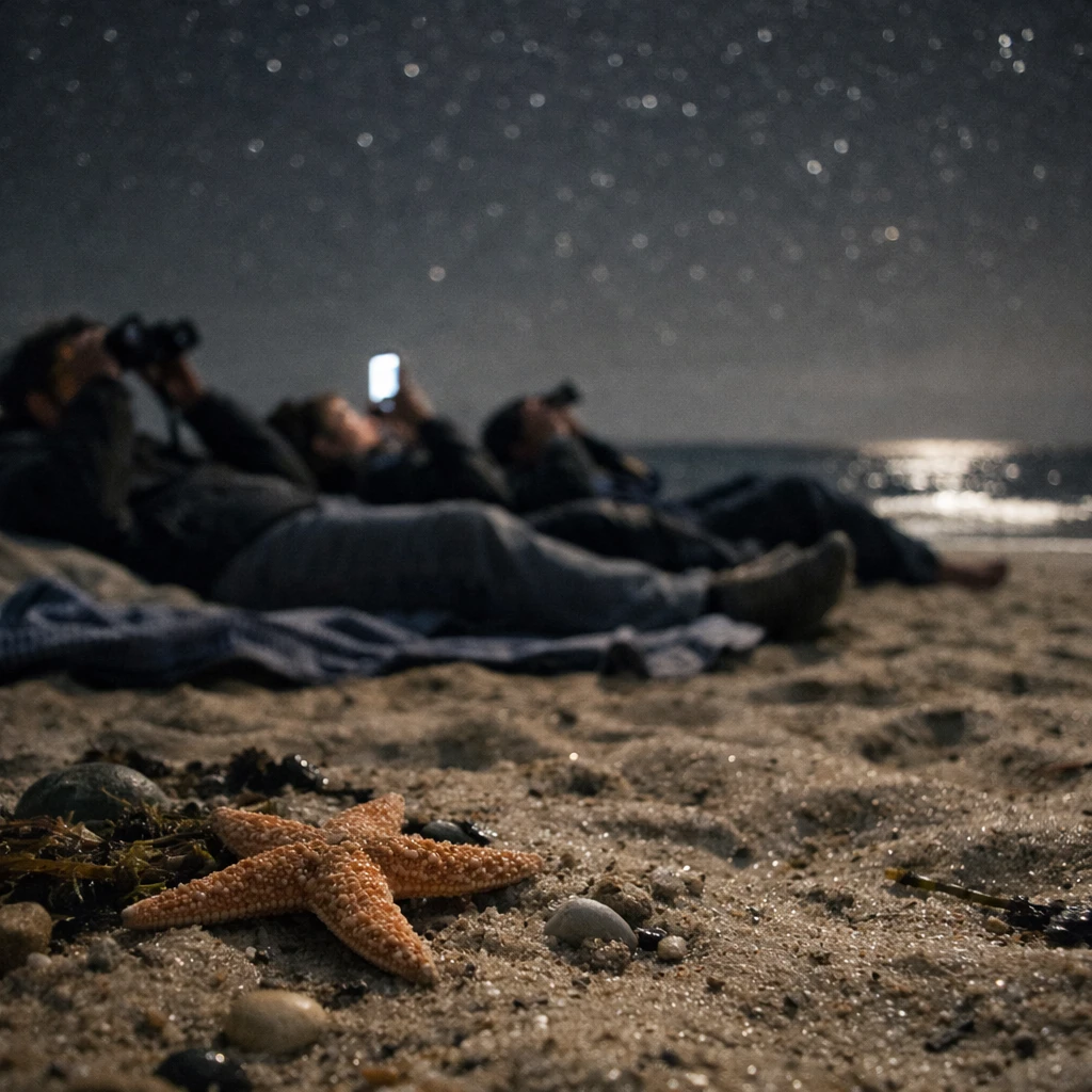 夜の砂浜でヒトデの目線から見た岩陰越しに、星空を観察する人々が寝そべっている様子の写真。