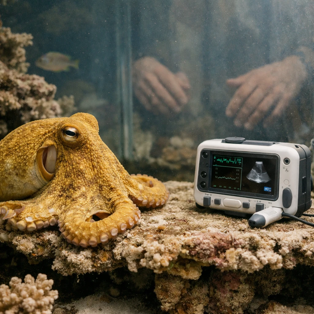 海底の珊瑚礁にある診療所で、黄色のタコが人間の医療AI機器を観察している様子の実写風写真。