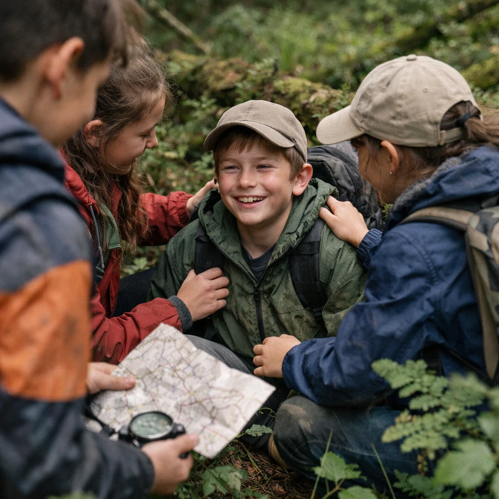森の中で子どもたちが迷子の仲間を発見し、安堵した表情で集まっている様子の写真です。