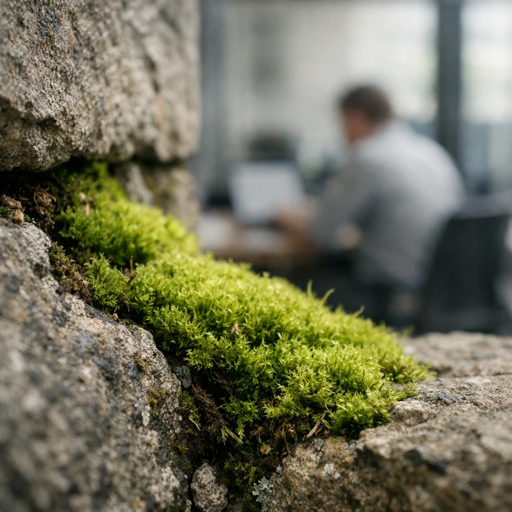 石垣の隙間に生える緑色の苔ごしに、背景の窓辺のオフィスで人がノートパソコンに向かっている様子がぼんやりと見える写真。