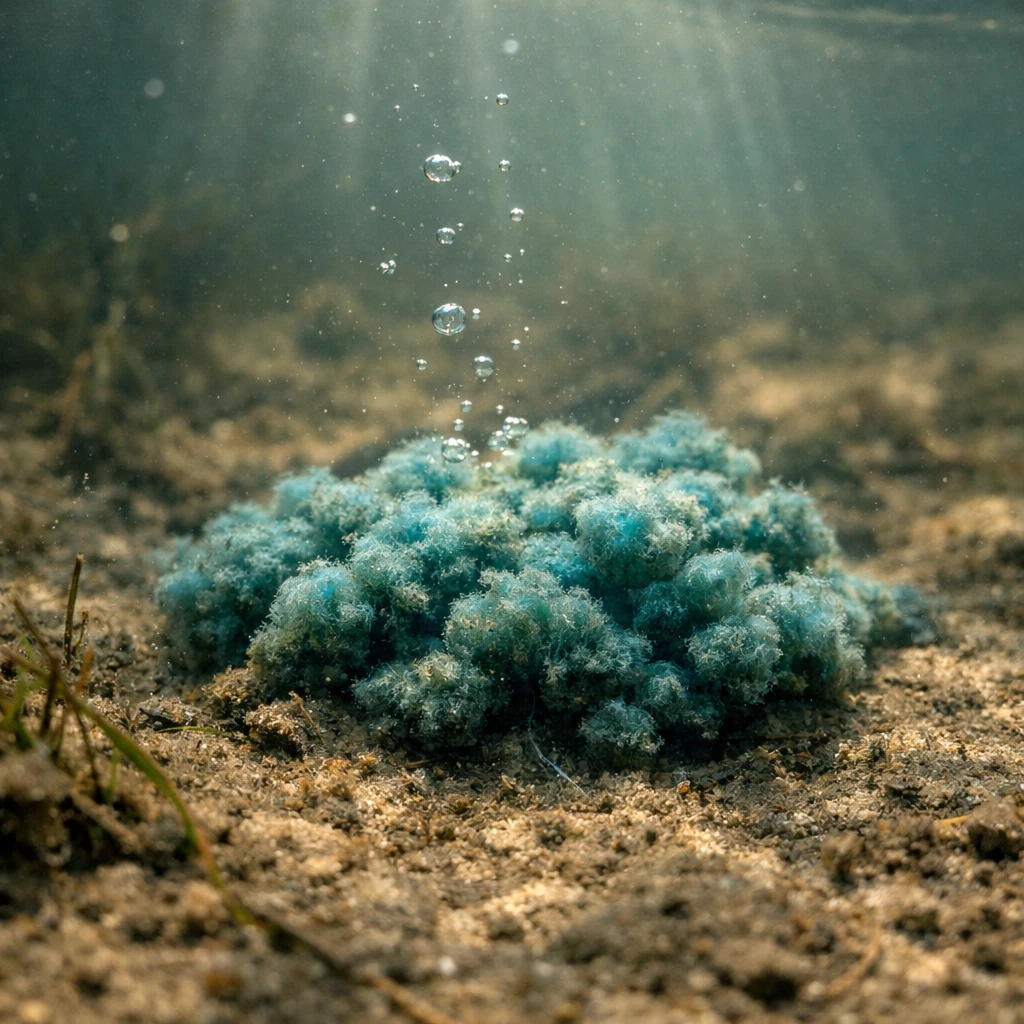 湖底の泥の上に藍藻が集まっている様子を水中から撮影した実写写真。