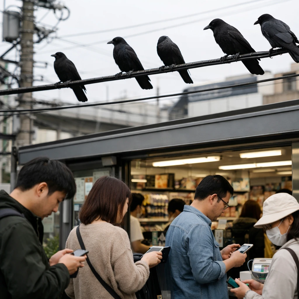 駅前のコンビニの上空にある電線に止まる数羽のカラスと、下でスマートフォン決済をしている人々の様子。