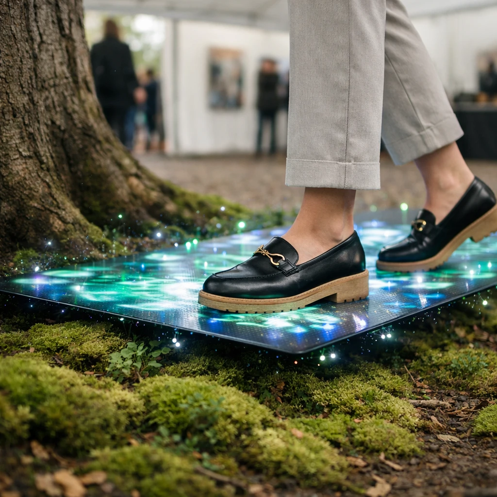 美術展のテント内で、苔の上を移動式インスタレーションカーペット越しに歩く人間の足元と苔の絨毯を至近距離から撮影した写真。