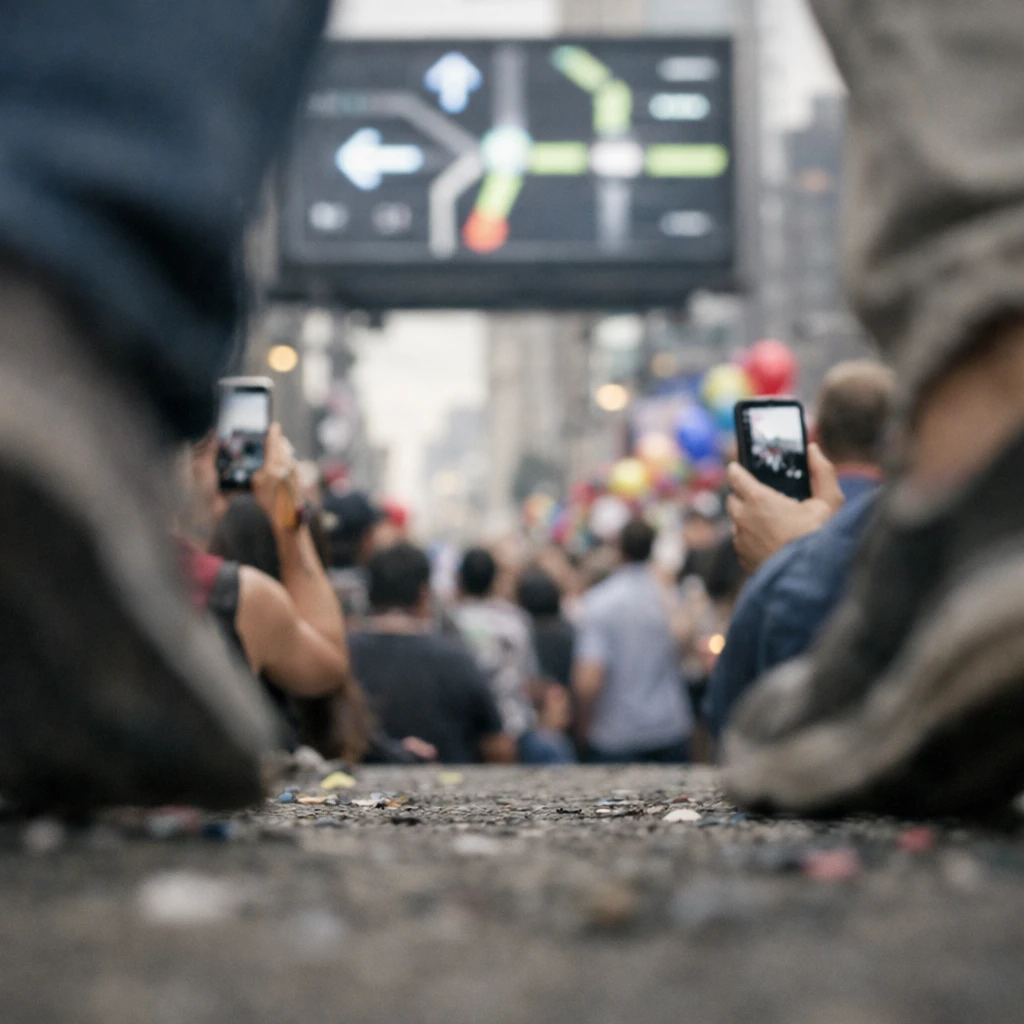 パレード中の混雑した都市の歩行者たちの足元を地面近くのアリの視点から見上げている実写風画像です。