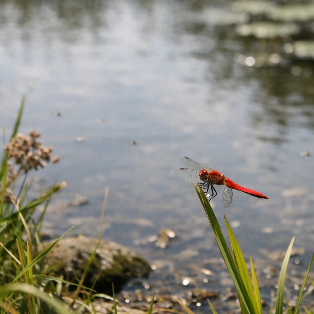 春の日差しの下、池の岸辺の葦の葉先にとまる赤とんぼのクローズアップ写真。