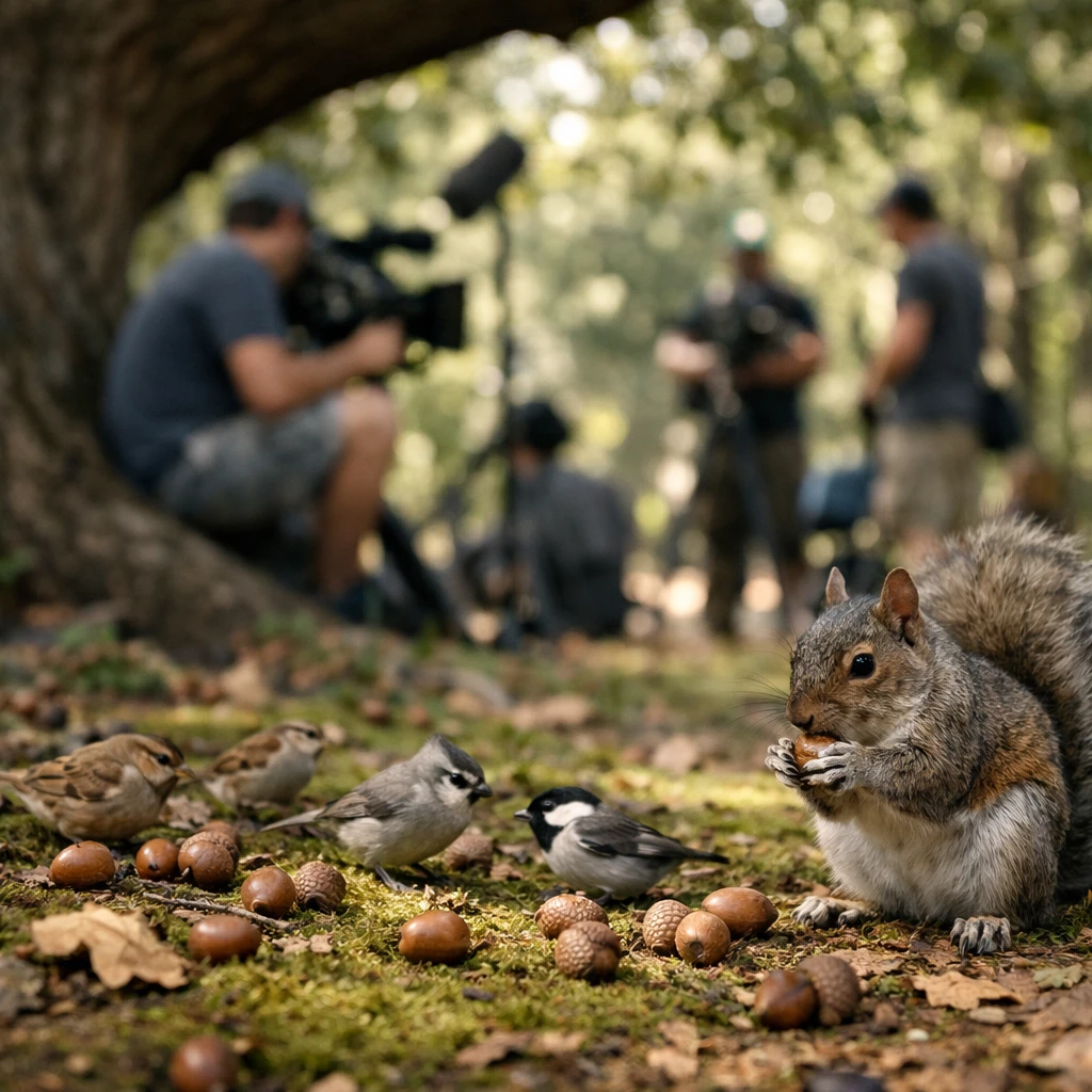 大きなセイヨウナラの木の下で、どんぐりや森の生き物たちが集い、遠くに撮影機材を持った人間の姿がぼんやり見える屋外の写真。