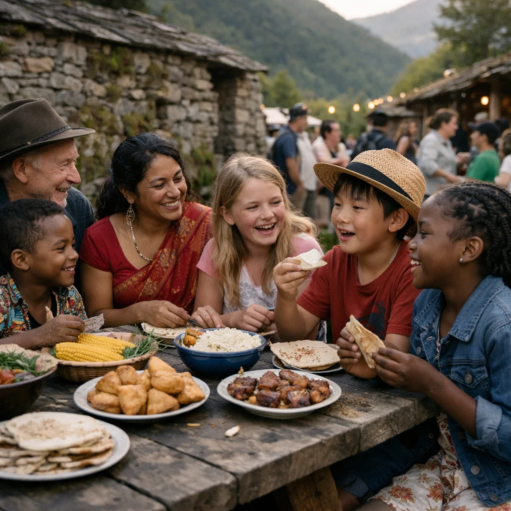 苔むした石垣を背景に、多様な人々が集まり伝統料理や方言を交流する山里のフェスティバルの様子。