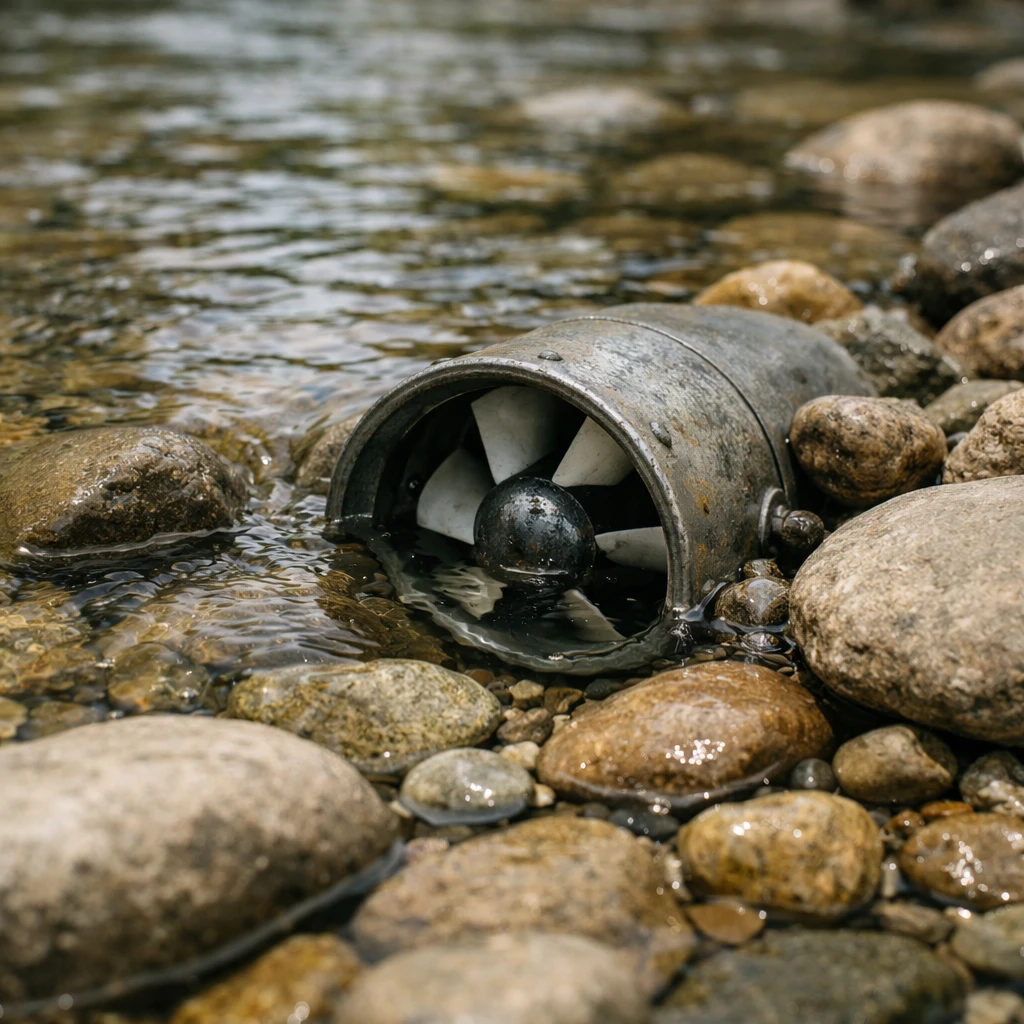 澄んだ川の底で滑らかな石と小型の水力発電用タービンが水流の中に見える写真です。