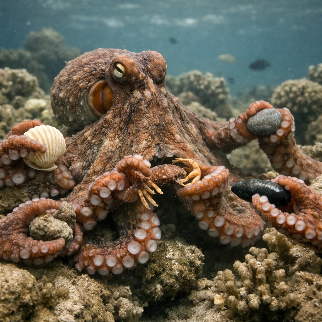 サンゴ礁の中で八本の腕がそれぞれ異なる作業をしているタコのリアルな水中写真。