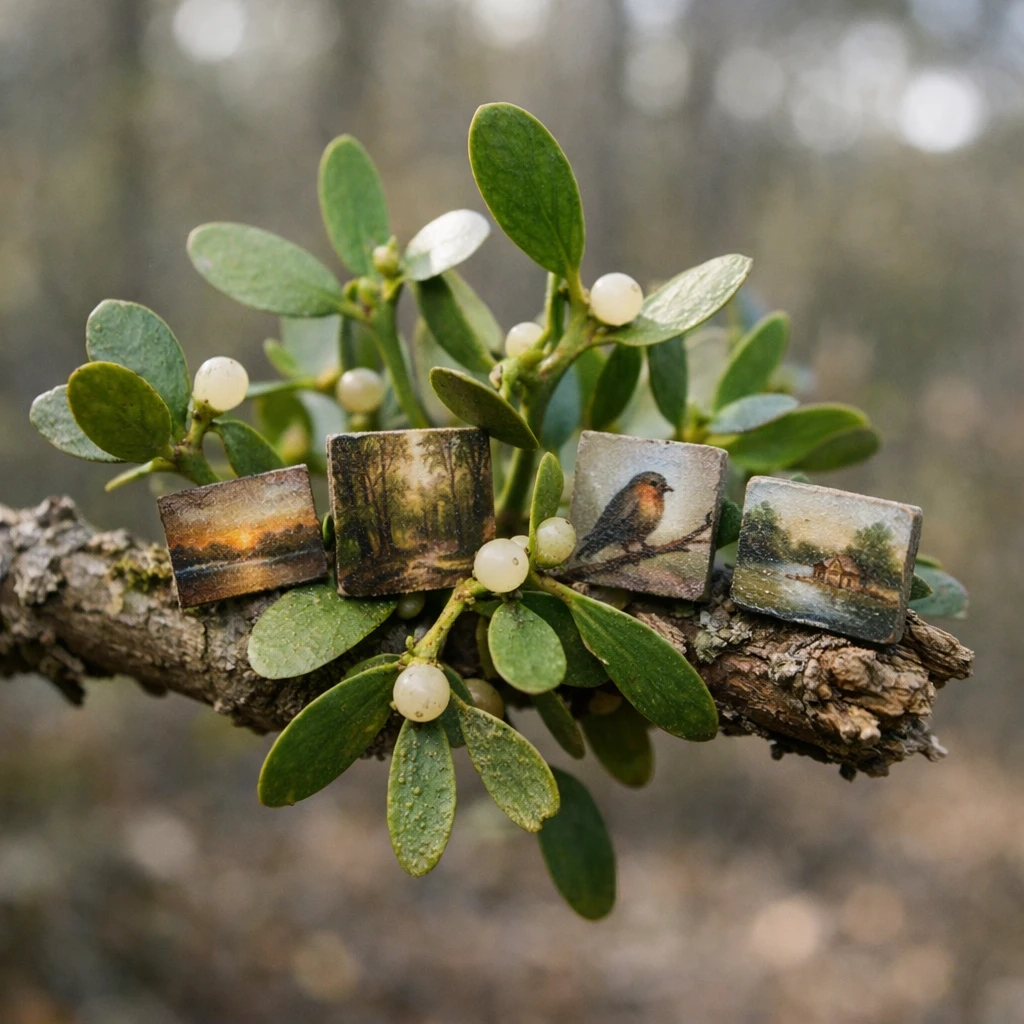 オークの枝先に寄生しているヤドリギと、その周囲に自然素材で作られた小さな油絵が葉の間に飾られている様子の写真。