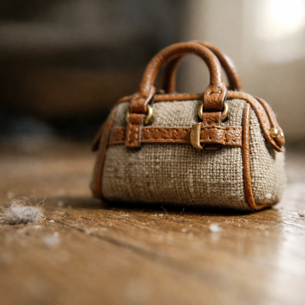 木の床に置かれたマイクロバッグを低い視点からリアルに撮影した写真で、繊維の質感や細かなホコリが見える。