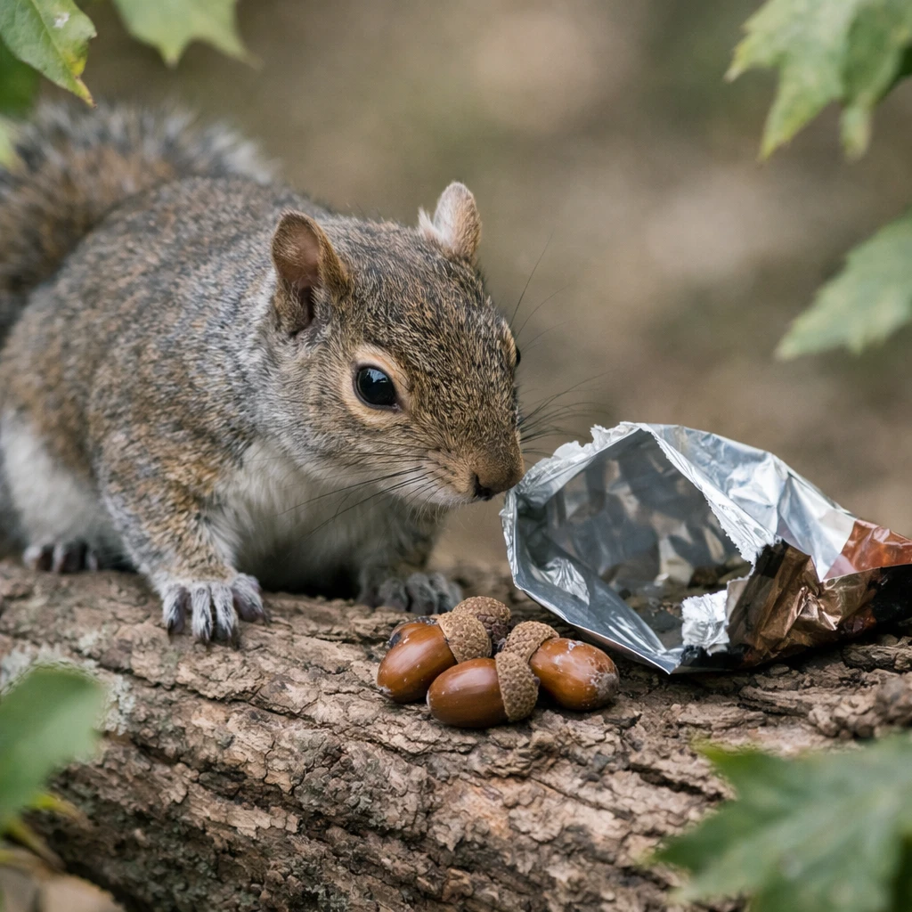 木の枝の上でドングリと空の食品パッケージを調べるリスの様子。