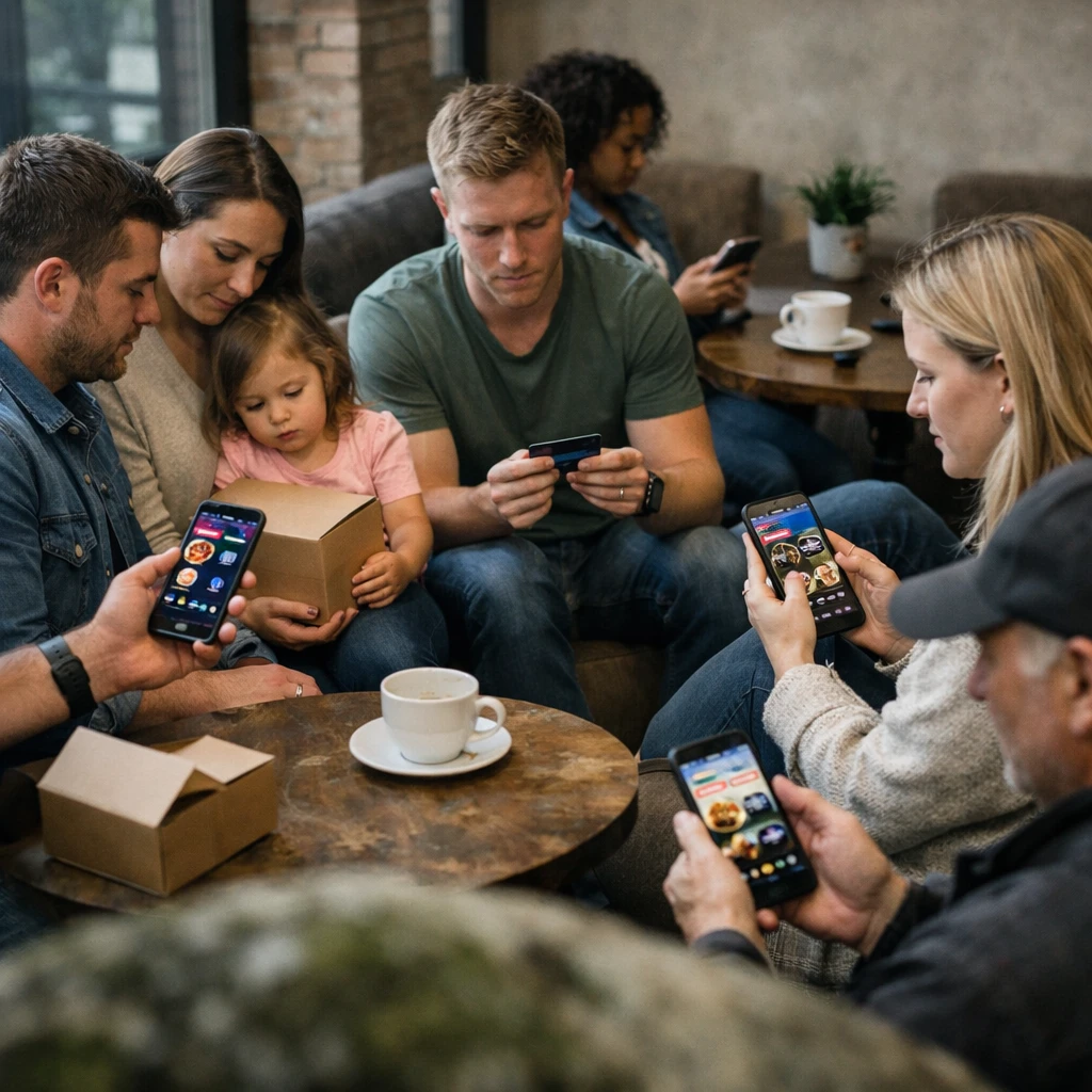 カフェやリビングでスマートフォンやカードを手に過ごす複数の男女や家族が、日常風景として自然に座っている写真。