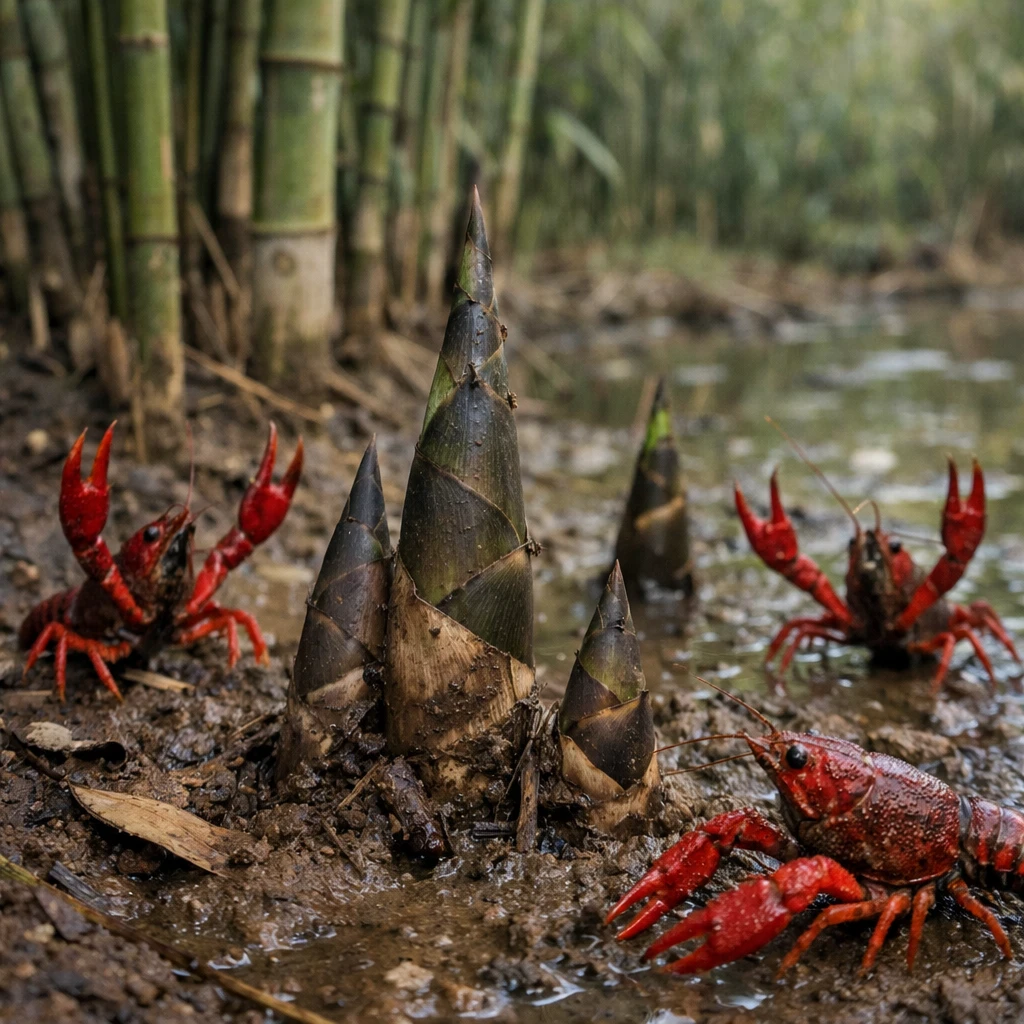 竹林の湿地帯で若いタケノコと数匹の赤いアメリカザリガニが並んでいる様子の写真。