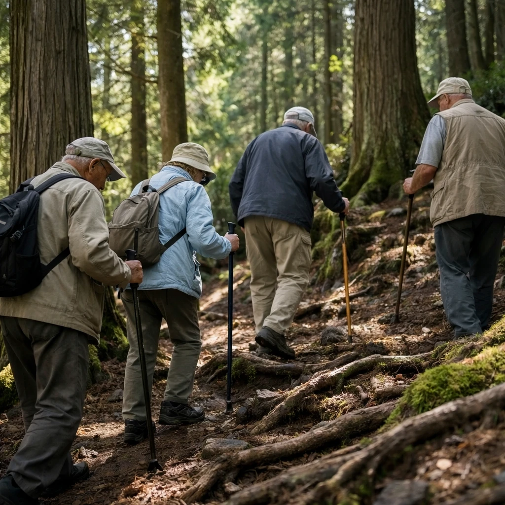 杉林の斜面を杖をつきながらゆっくり歩く白髪混じりの高齢者の少人数グループの写真。
