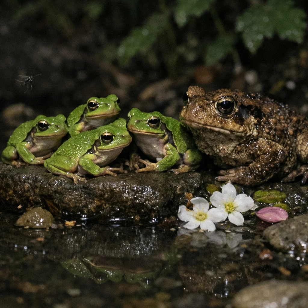 夜の庭で苔むした石の上に集うニホンアマガエルとヒキガエルが、雨上がりの水たまりのそばにいる様子。