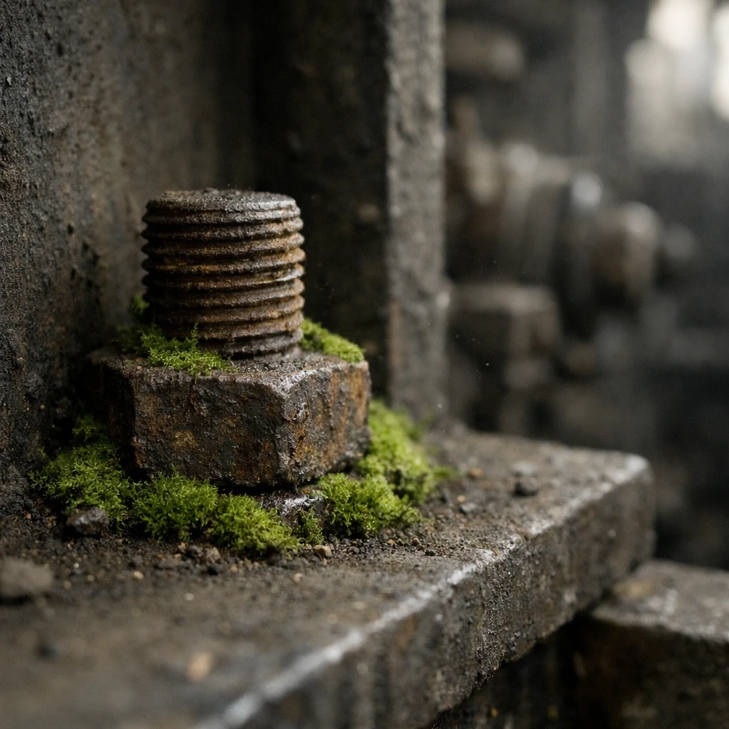 工場の隅で苔が生え始めた古く錆びたボルトのクローズアップ写真。