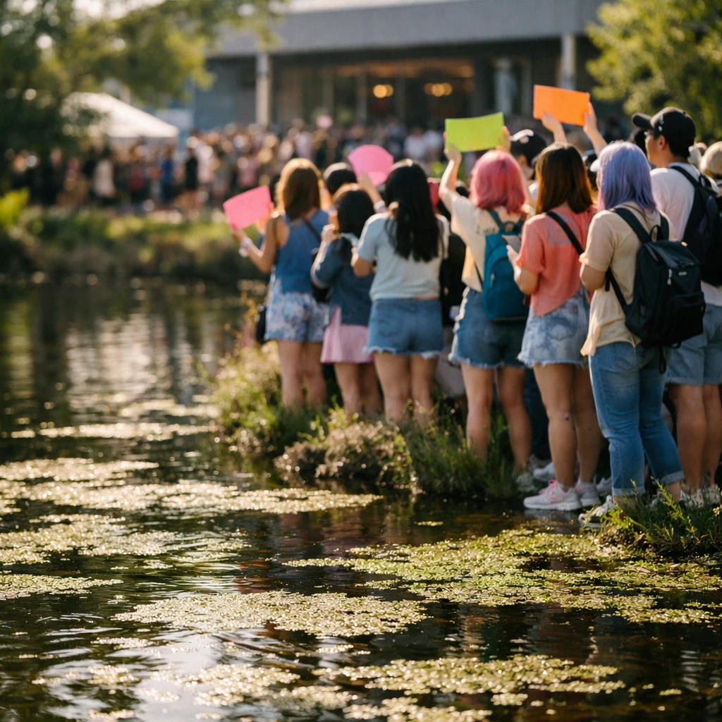 池のほとりにカラフルな応援ボードを持つK-POPファンと、水面に浮かぶウキクサが写る写真。