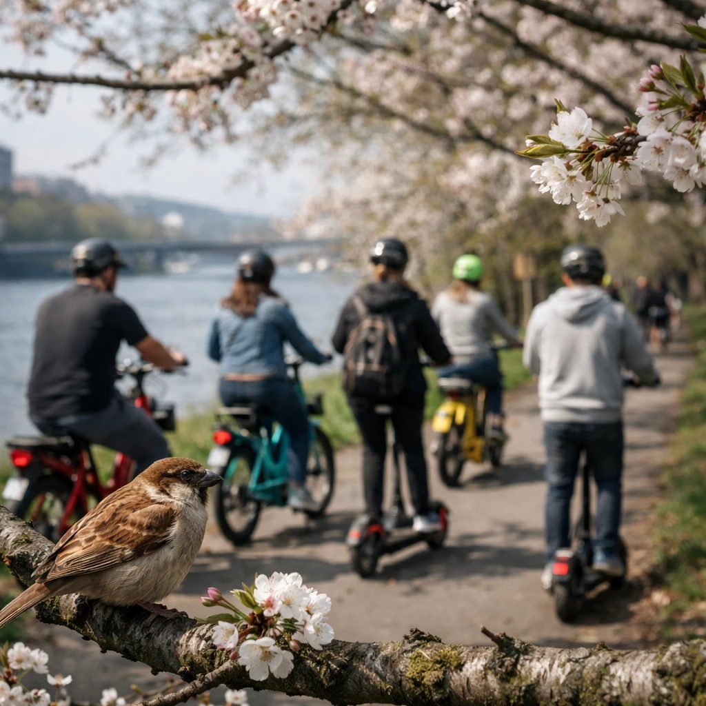 春の木の枝にスズメがとまり、その向こうでカラフルなeバイクと電動スクーターに乗った人々が河川敷を走る様子の写真。