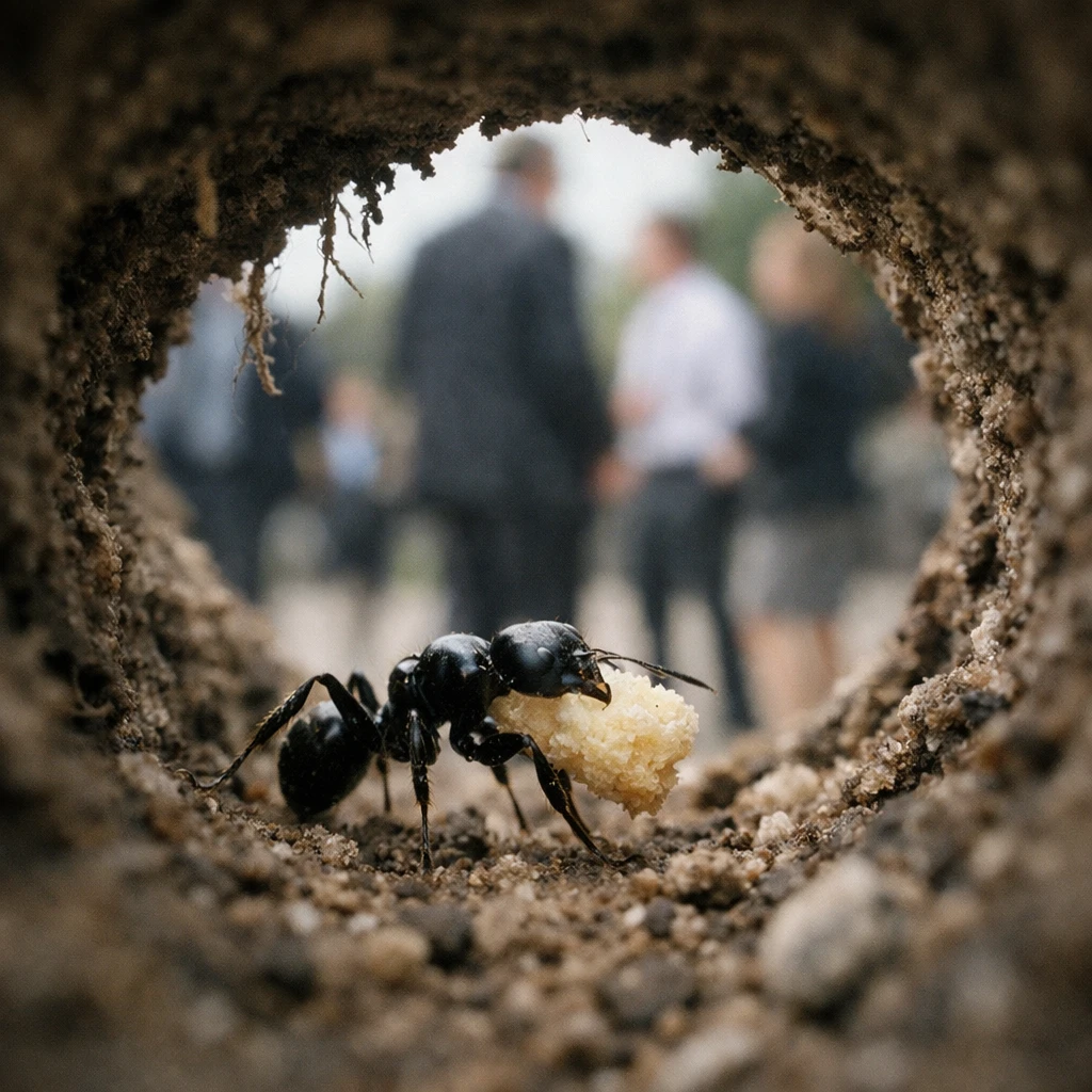 巣穴の中から土の隙間越しに地上の人間たちを見上げる黒アリが餌を運ぶ様子の写真。