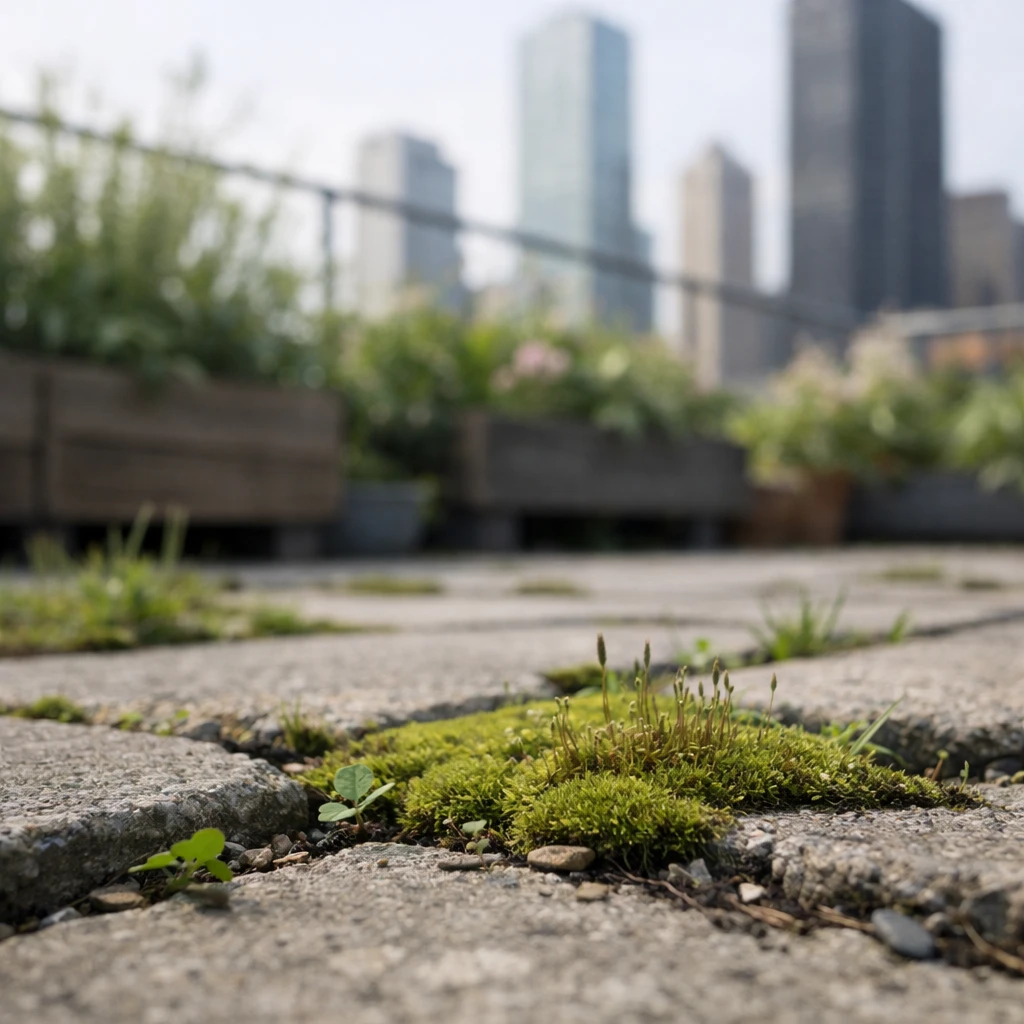 都会の高層ビル屋上でコンクリートの隙間に生えるコケや小さな植物を低い視点から捉えた写真。
