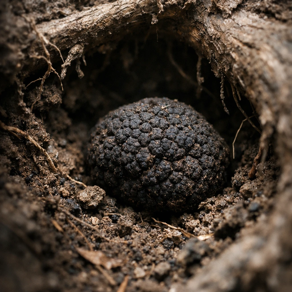 土中の木の根元で、トリュフが根や土に囲まれている接写写真。