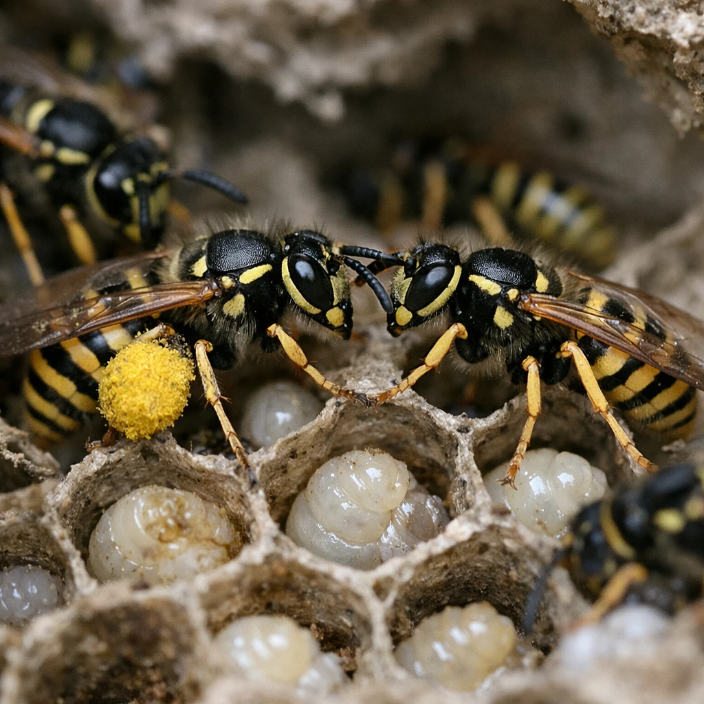 スズメバチの巣の中で働き蜂たちが幼虫の世話や花粉の運搬、触角でのコミュニケーションをする様子の接写写真。