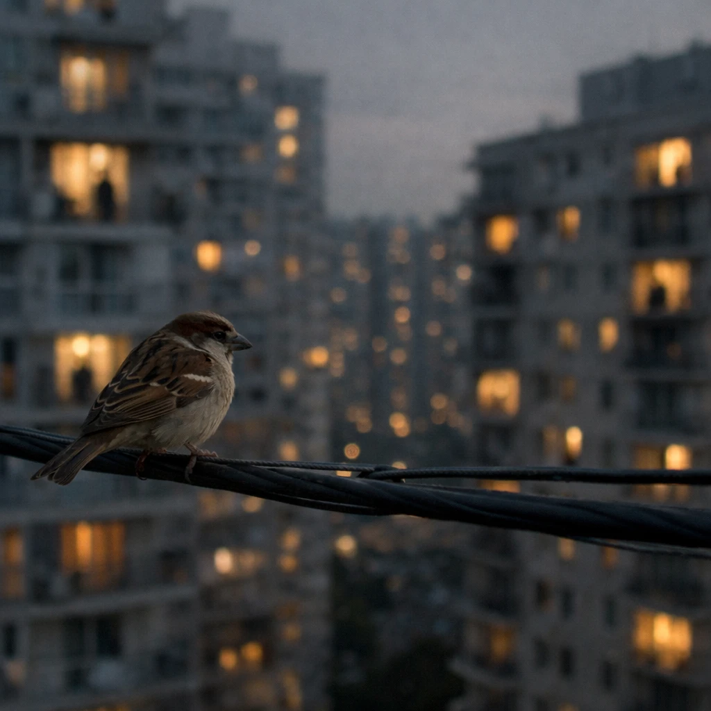 夕暮れ時の電線にとまったスズメが、高層マンションの部屋ごしに一人ずつ佇む人影を見下ろしている写真。
