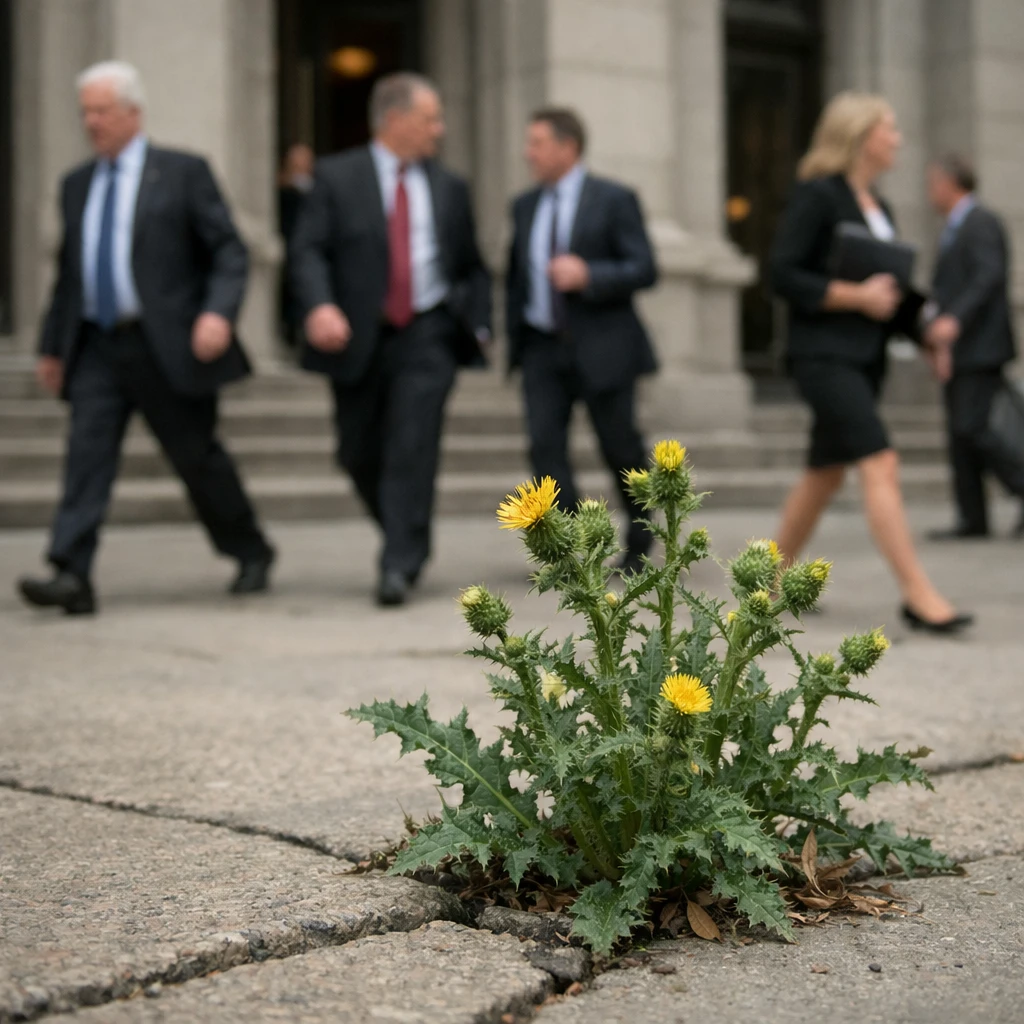 コンクリートの隙間から雑草（オニノゲシ）が生え、その奥にスーツ姿の政治家たちが建物前を歩く様子の写真です。