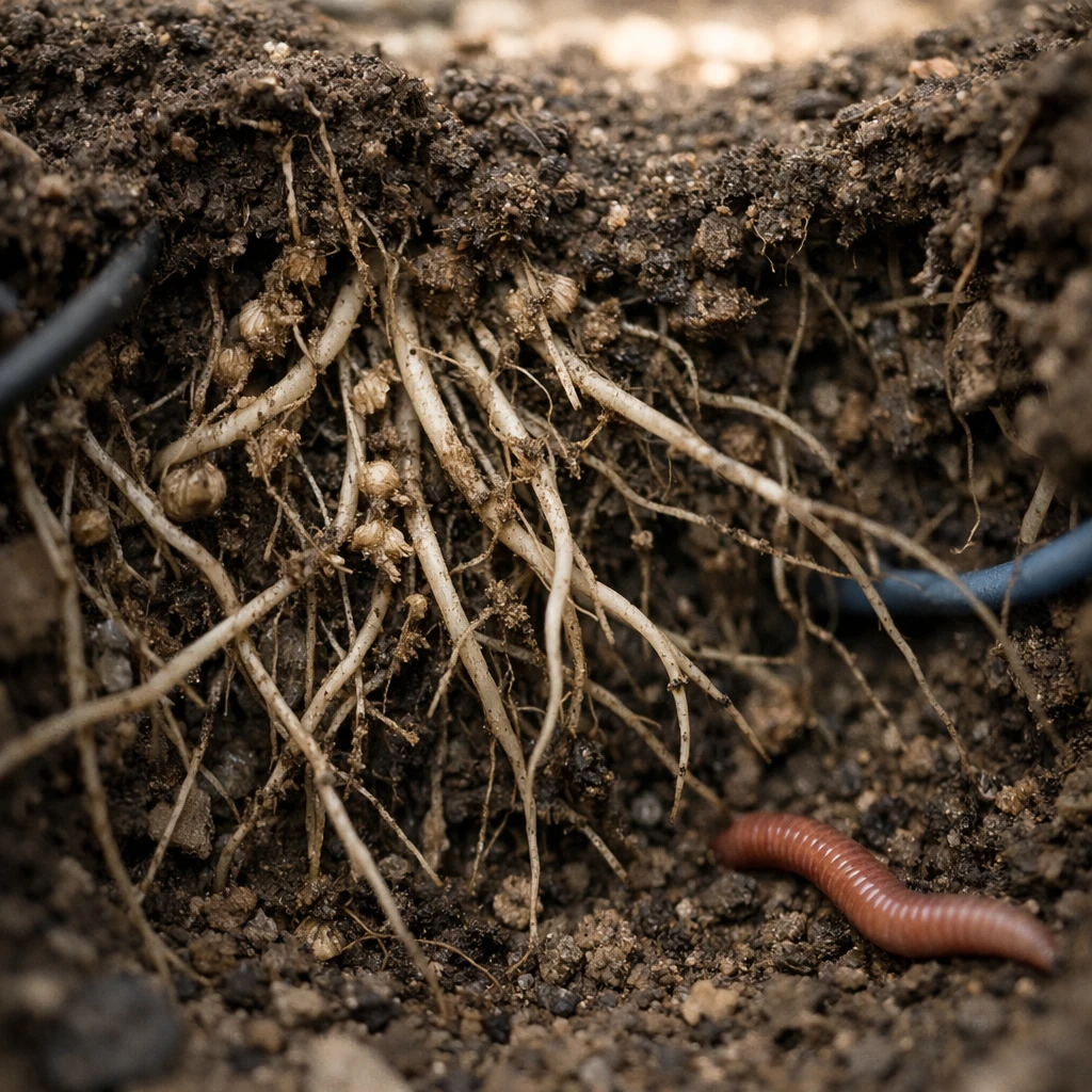 シロツメクサの根が土中で絡み合い、そばに細い地下ケーブルやミミズが見える接写写真。