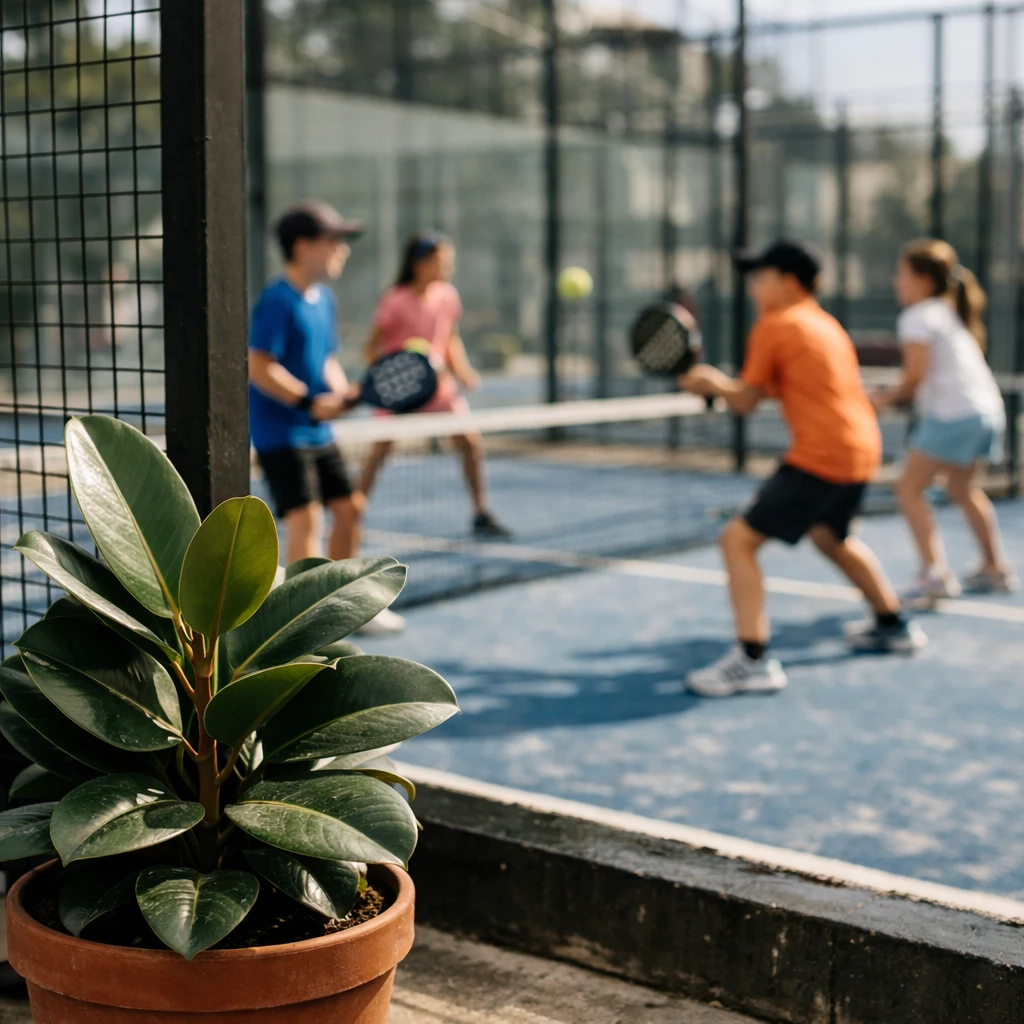 パデルコートのフェンス越しに試合を見守るゴムノキと、その先でダブルスを楽しむ子どもたちの様子の写真。