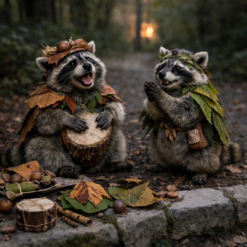 森の小道で二匹のタヌキが葉っぱを使った手作りグッズを身につけて演奏している写真。