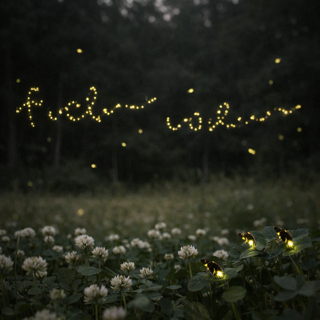 夜の森の中で集団で光を放つホタルたちと、それを見守るクローバー畑の幼いホタルが写る写真。