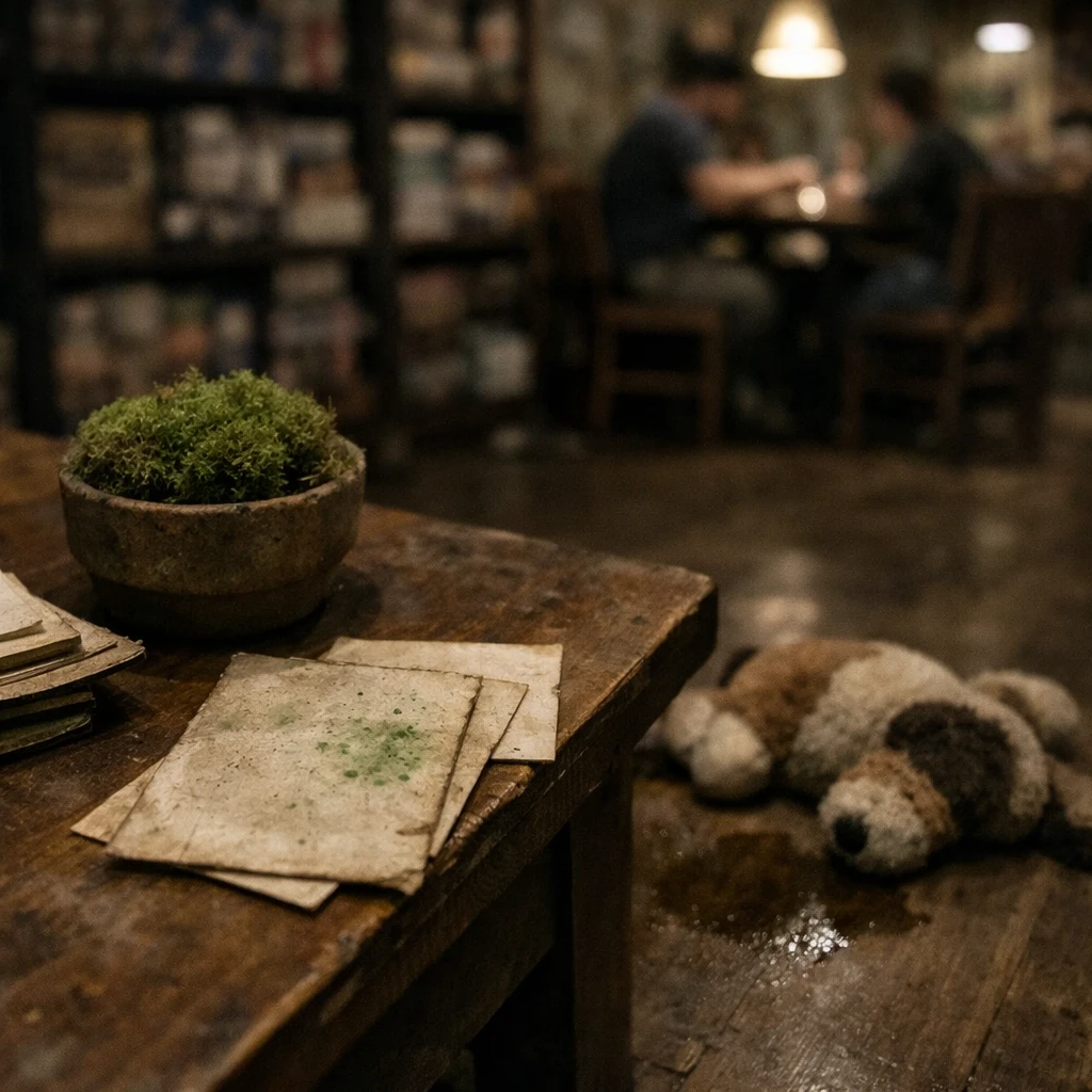 薄暗いカフェのテーブルにコケの鉢植えと濡れた証拠カードが置かれ、床にはぬいぐるみと水滴の跡がある。